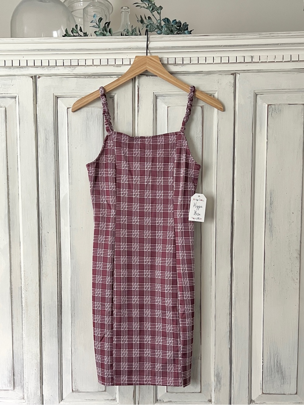 🟠NWT HIPPIE ROSE Tank Mini Dress in Wine Plaid Print